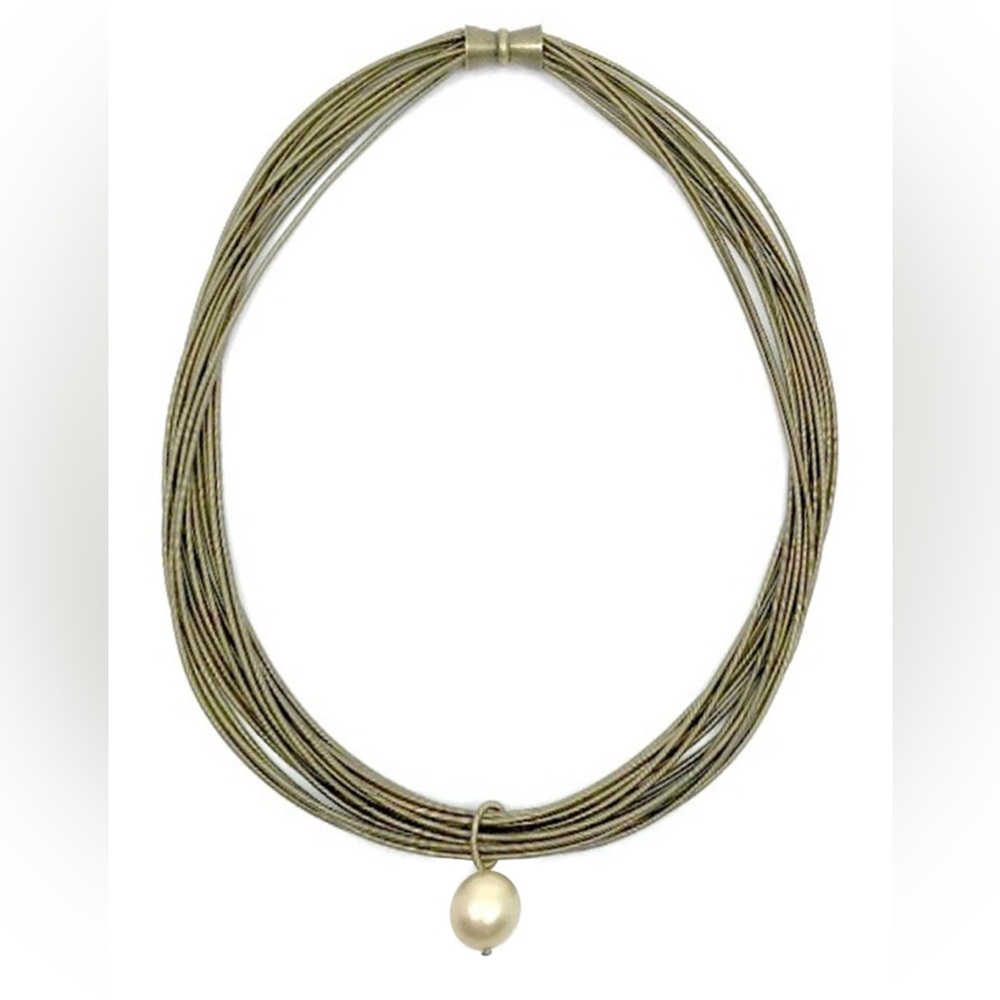 Beautiful bronze, piano wire necklace with mother of pearl drop